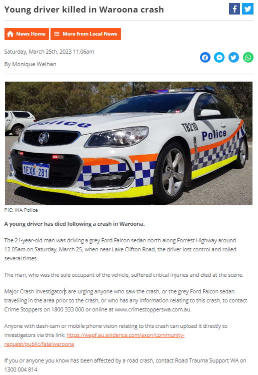 Young driver killed in Waroona crash
 by Monique Welhan for CoastLive 97.3fm